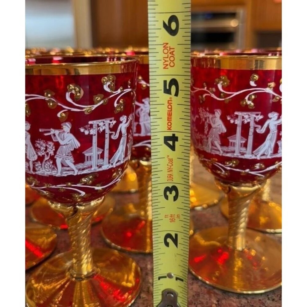 Murano Venetian Neoclassical Wine Glasses Set of 12 Ruby  24k Heavy Gold Gilded - Picture 7 of 10